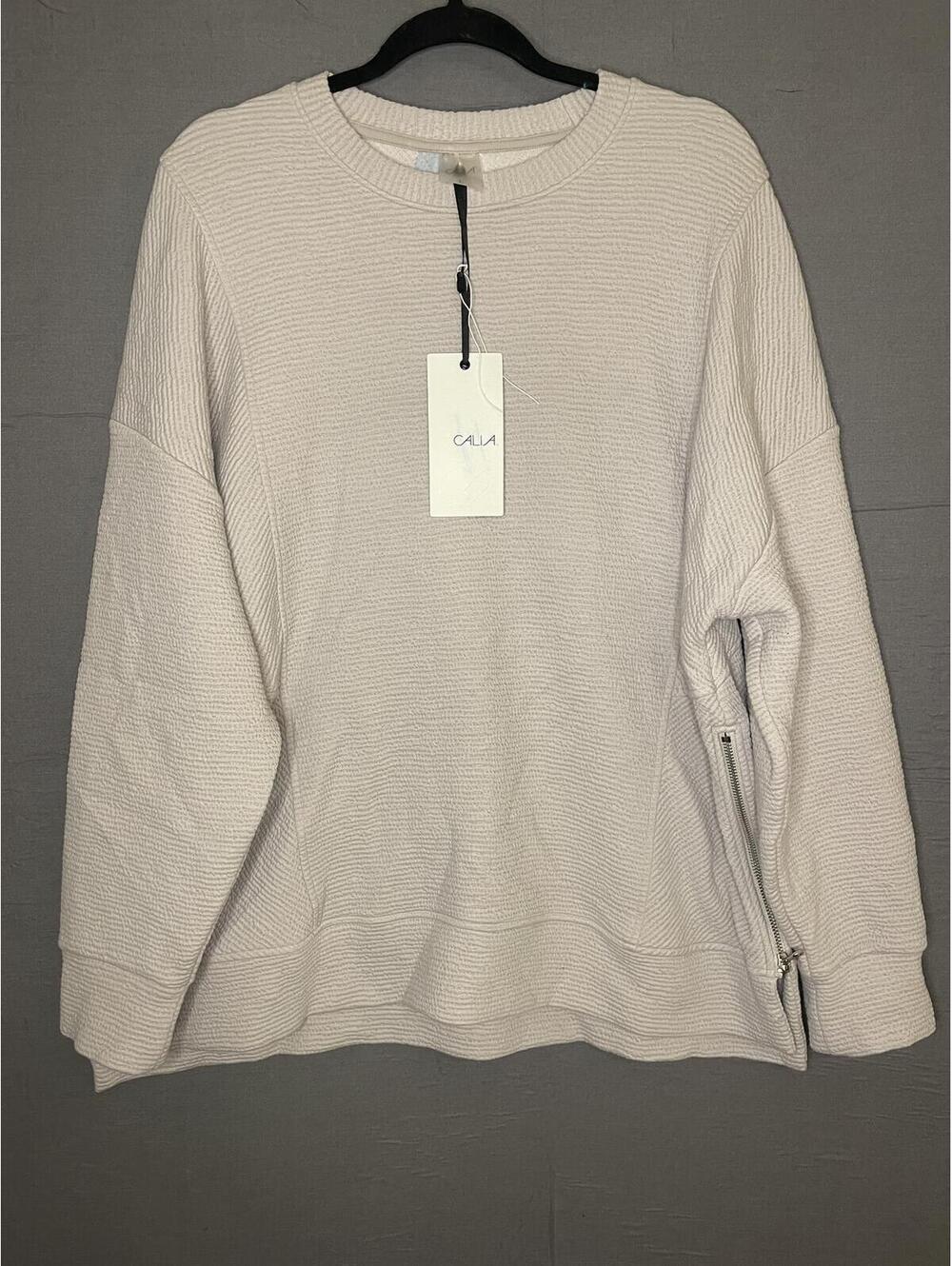 CALIA Women's Large Cream Waffle Knit Crewneck Sweatshirt Side Zip NWT Flaw